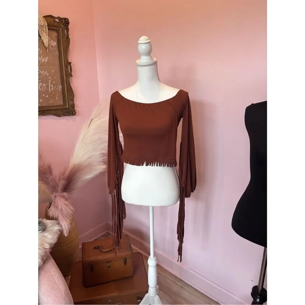 Anthropologie Rust Brown Off-Shoulder Fringe Bell-Sleeve Crop Top